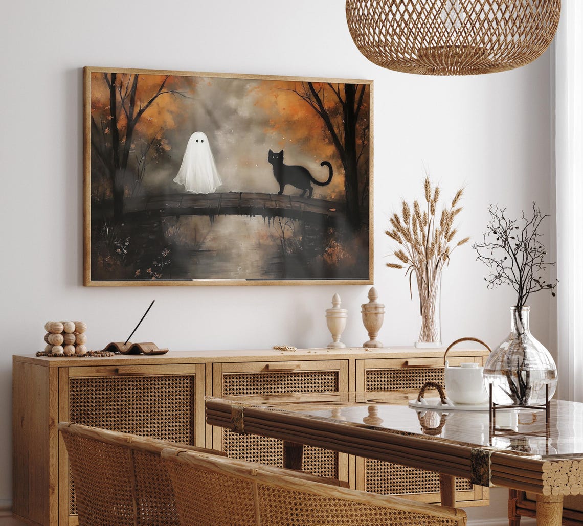 Ghost And Black Cat Crossing Autumn Bridge At Night Halloween Poster - Image 2