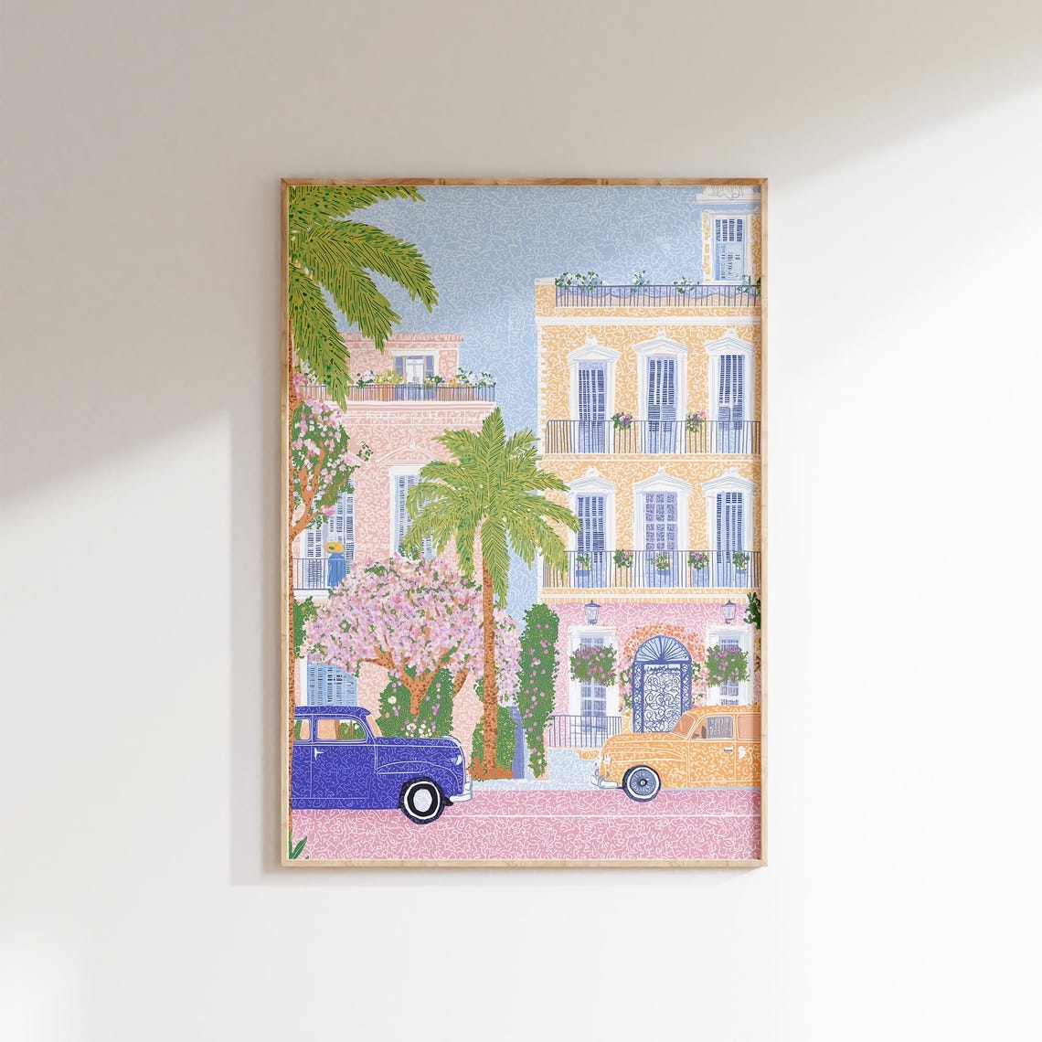 Mediterranean Summer Street Vintage Cars Pastel Buildings Poster - Image 4