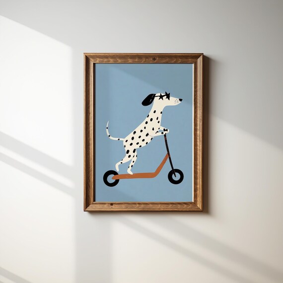 Dalmatian Riding Scooter With Star Shades Cute Kids Room Animal Poster