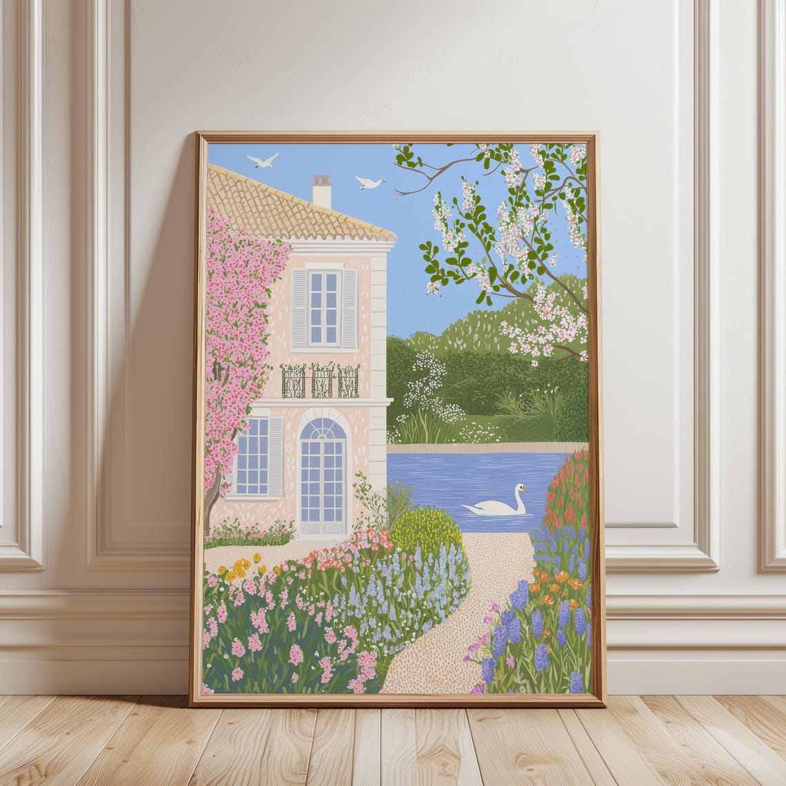 French Riviera Pink Villa Lake Swan Garden Spring Coastal Poster