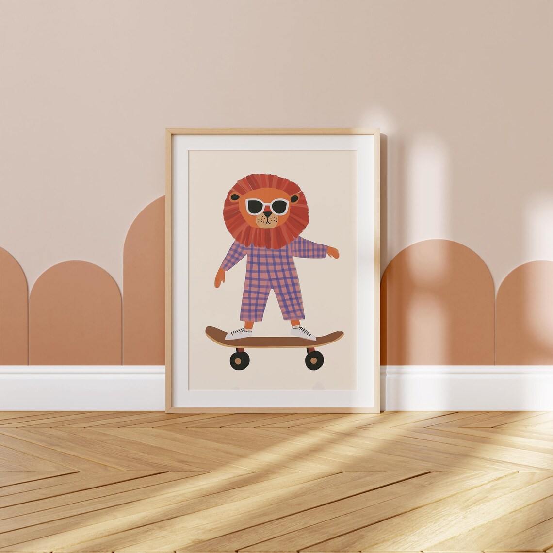 Cool Lion Sunglasses Checkered Jumpsuit Skateboard Nursery Wall Art Print - Image 3