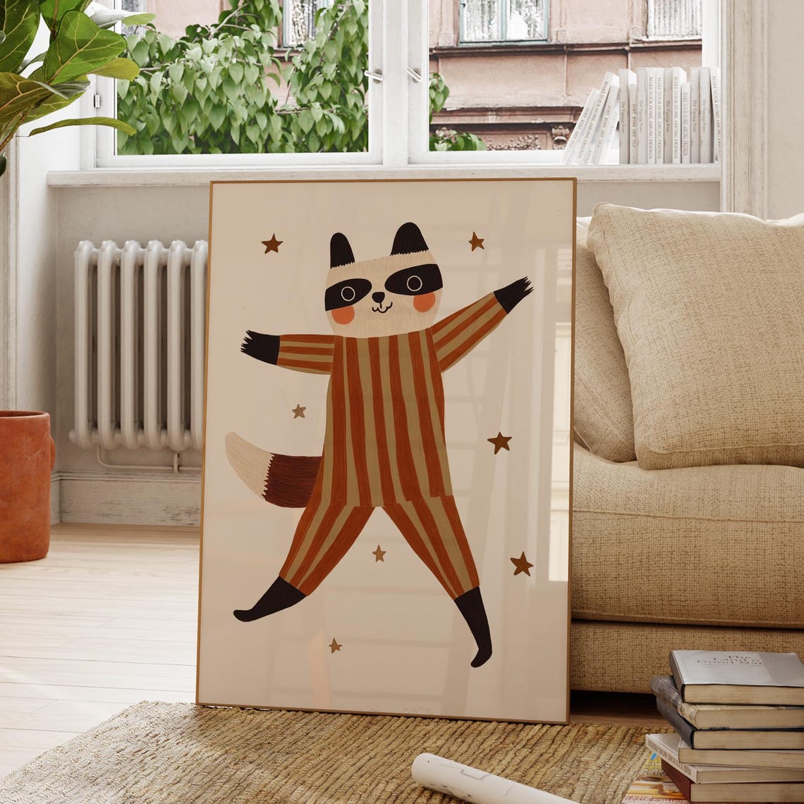 Dancing Raccoon Striped Pajamas Stars Whimsical Nursery Wall Art Print - Image 2