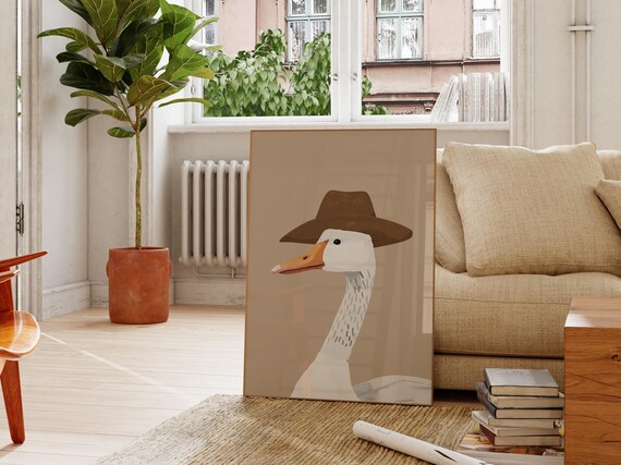 Goose with Cowboy Hat Illustration Taupe Boho Nursery Art Poster