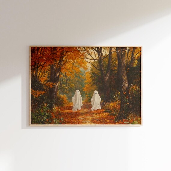 Two Ghosts in Autumn Forest Art Poster Vintage Halloween Decor