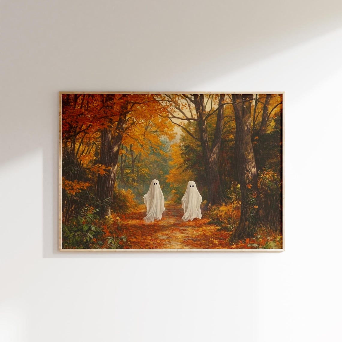 Two Ghosts in Autumn Forest Art Poster Vintage Halloween Decor