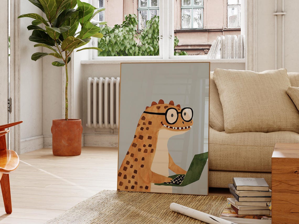 Funny Smart Dinosaur Glasses Green Laptop Kids Study Room Art Poster - Image 2