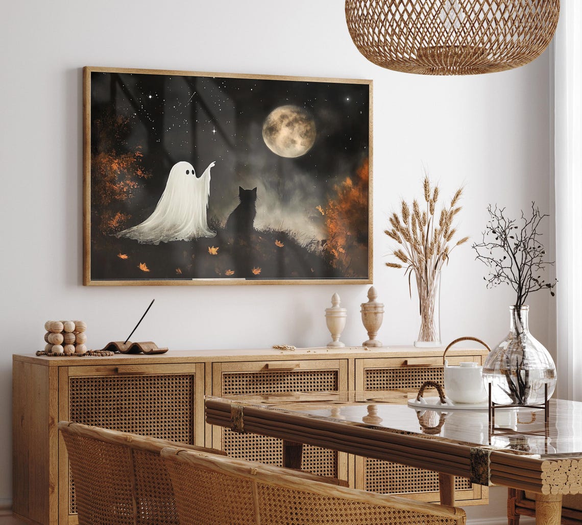 Ghost And Black Cat Under Full Moon And Stars Halloween Poster - Image 2