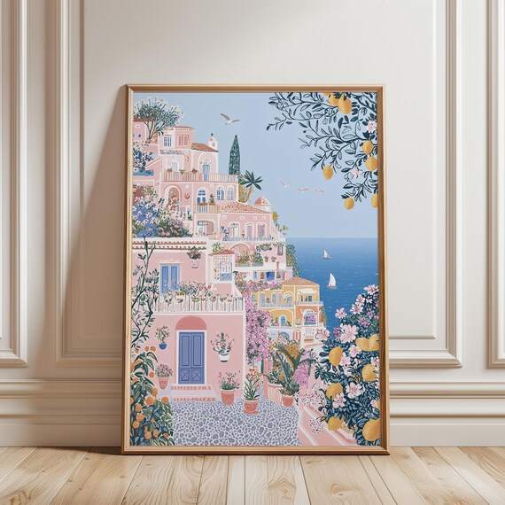 Positano Wall Art Amalfi Coast Print Pink Villa Mediterranean Scene Lemon Grove Folk Art Italian Travel Decor