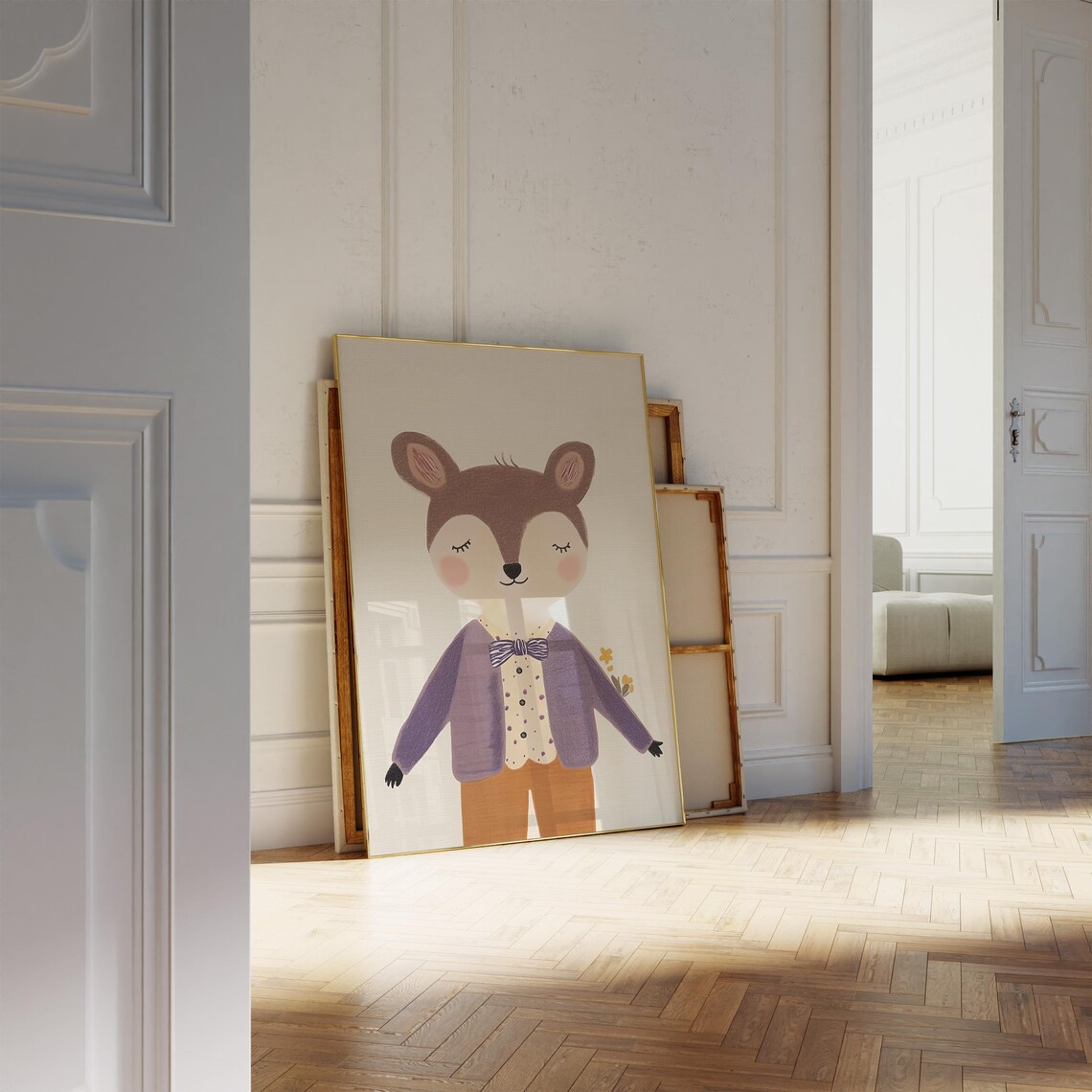 Vintage Woodland Animal Kids Room Print in Retro Clothes and Bow Tie - Image 2