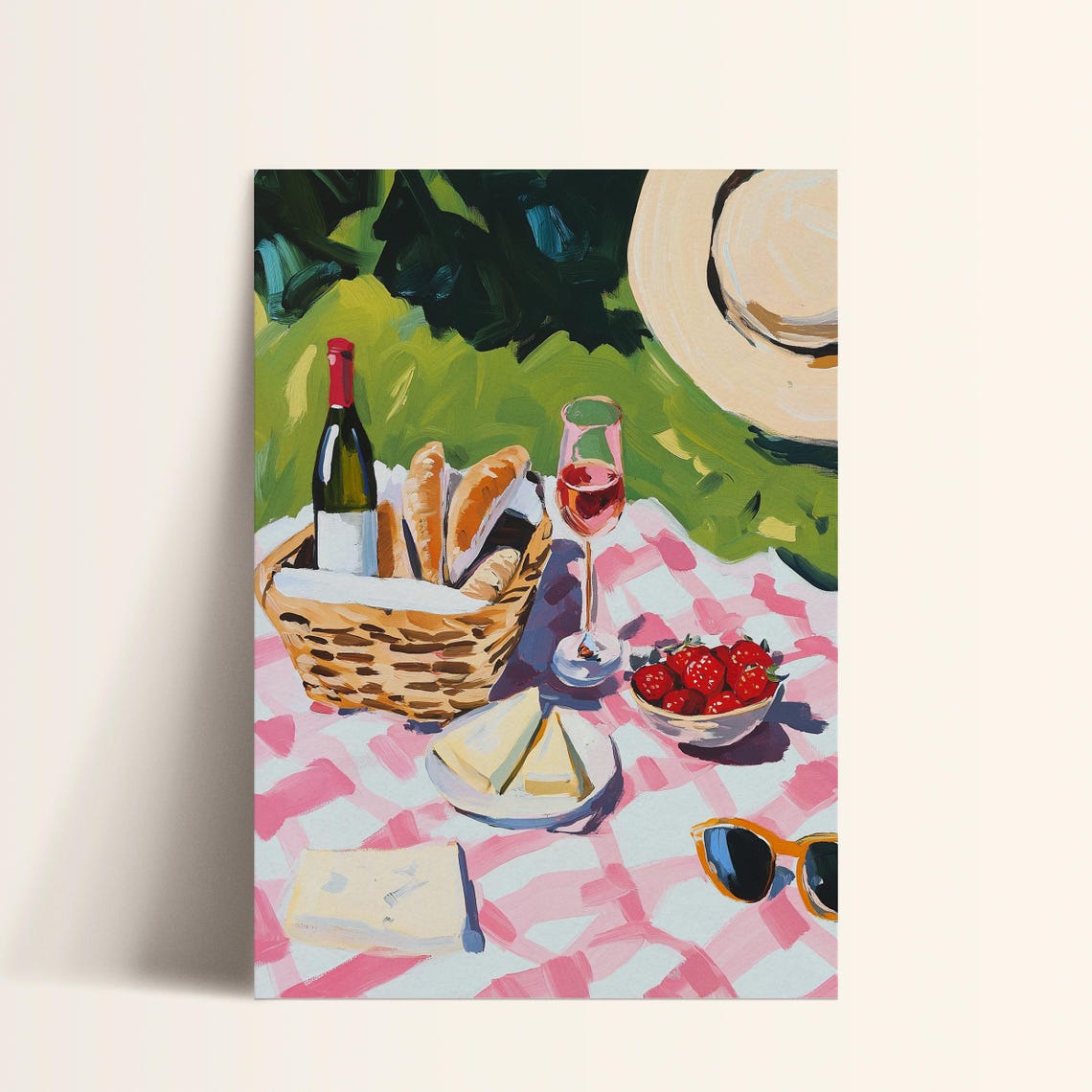French Picnic Basket Wine Bread Cheese Strawberries Gingham Art Poster - Image 3