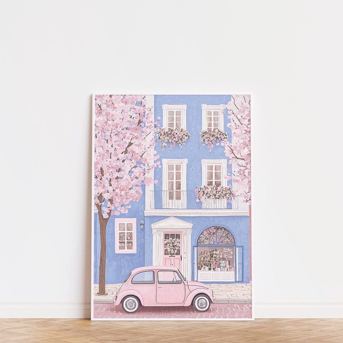 Pink Volkswagen Beetle Blue House Cherry Blossom Spring Car Poster