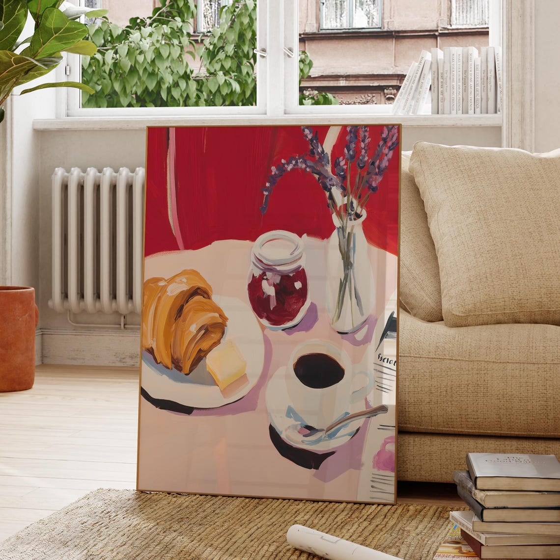French Cafe Breakfast Croissant Coffee Jam Lavender Morning Art Poster