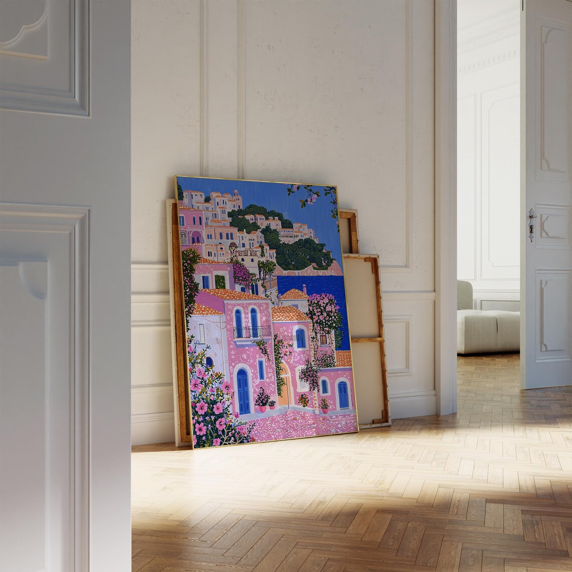 Pink Italian Coastal Town on Cliffs Above the Sea Mediterranean Art Poster - Image 2