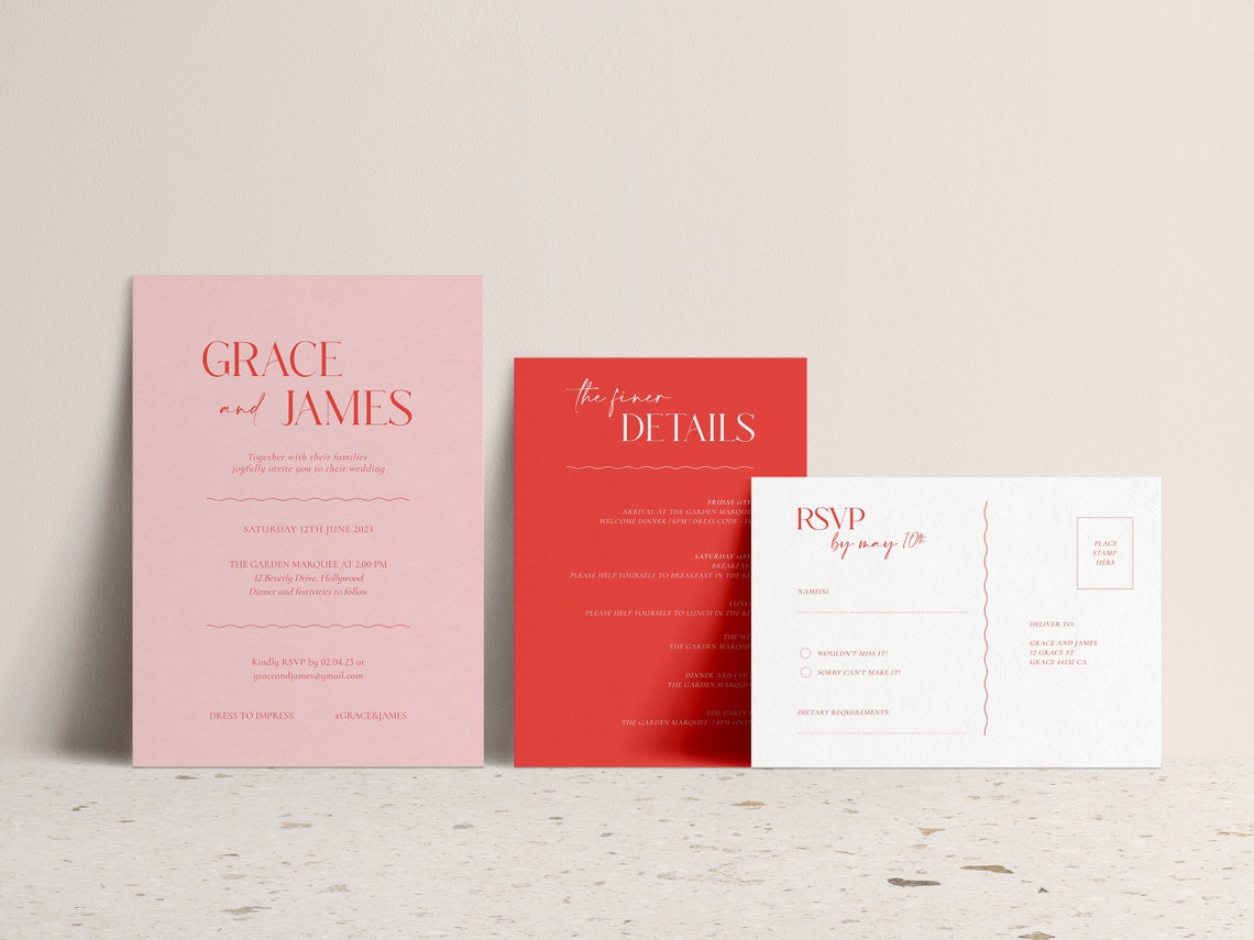 Red Pink Modern Wedding Invitation Suite Details RSVP Cards Print
