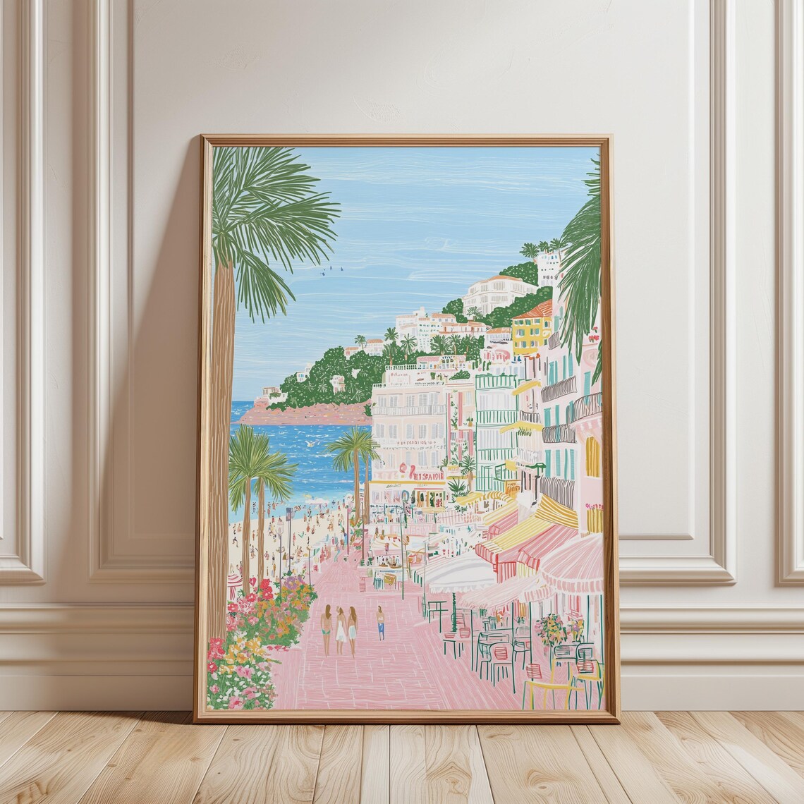 Positano Italian Coast Pastel Illustration Seaside Promenade Art Poster