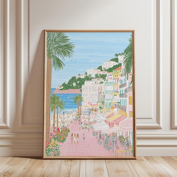 Positano Italian Coast Pastel Illustration Seaside Promenade Art Poster
