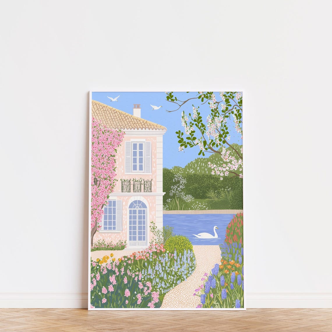 French Riviera Pink Villa Lake Swan Garden Spring Coastal Poster - Image 3