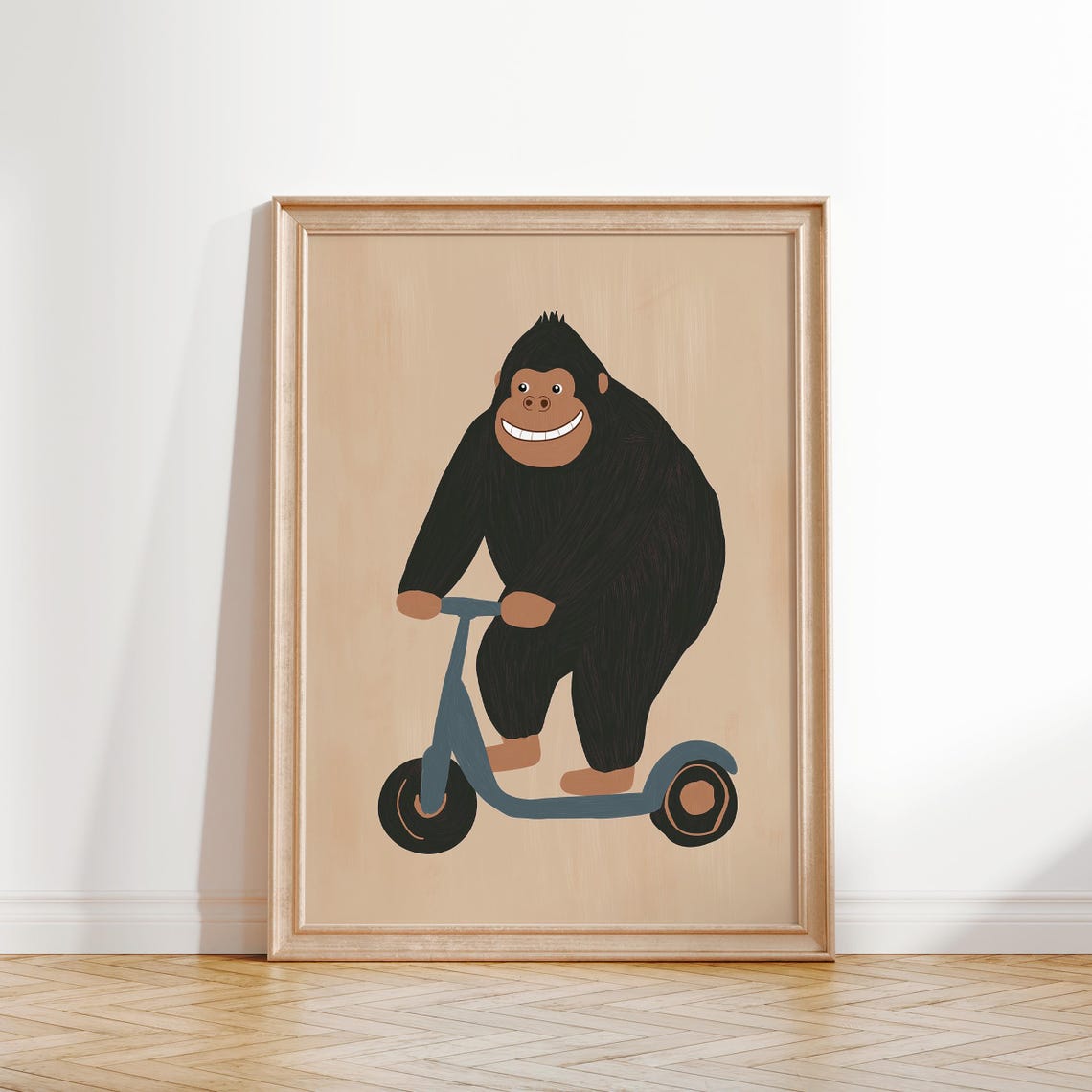 Happy Gorilla Riding Blue Scooter Nursery Kids Animal Poster - Image 2