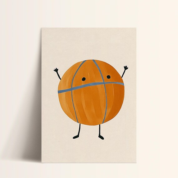 Smiling Basketball Character Arms Raised Sports Nursery Art Poster