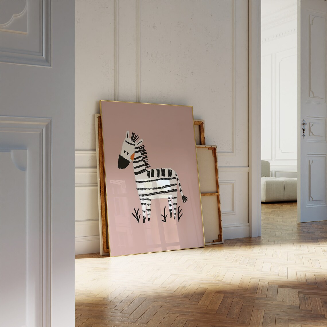 Striped Zebra Blush Pink Background Safari Kids Room Nursery Art Poster
