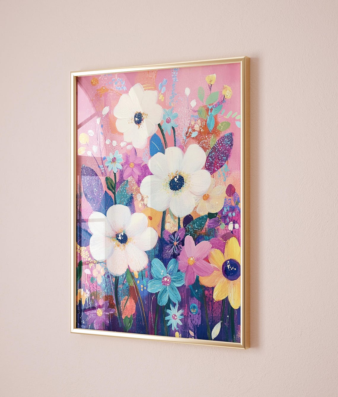 Vibrant Abstract Wildflower Garden Painting Pink Botanical Art Print