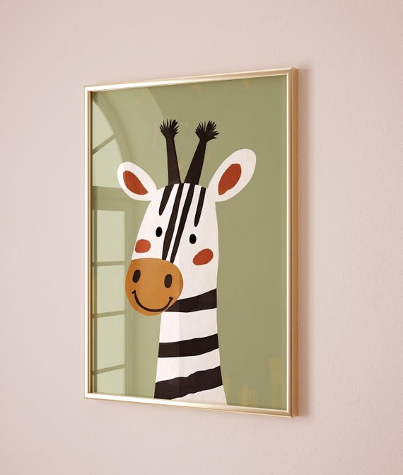 Happy Zebra Safari Nursery Wall Art Cute Animal Kids Room Print Modern Jungle Zoo Baby Room Decor
