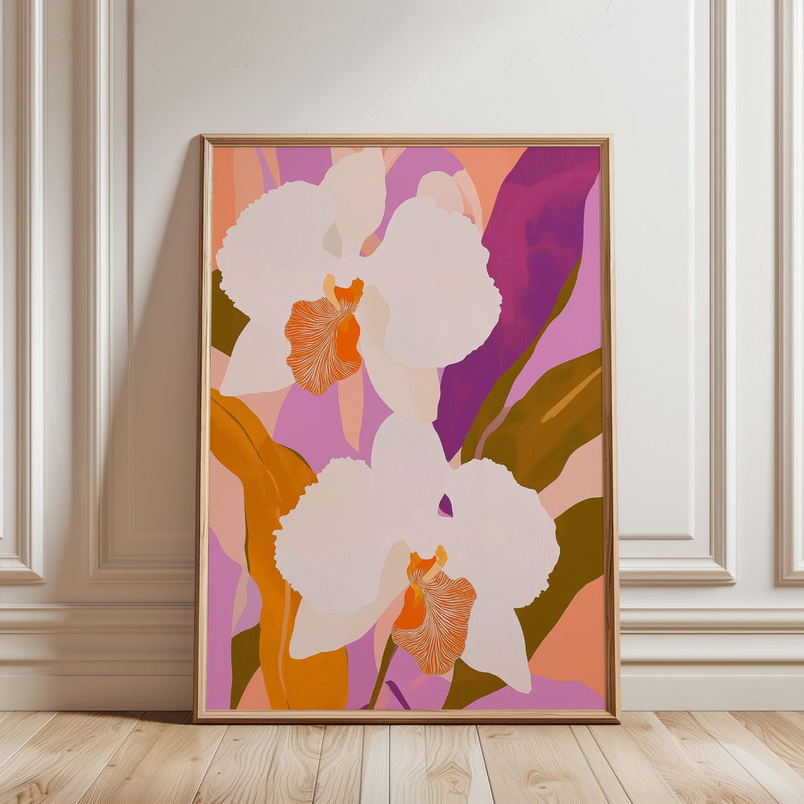 Abstract White Orchid Print Purple Orange Modern Floral Wall Art - Image 3