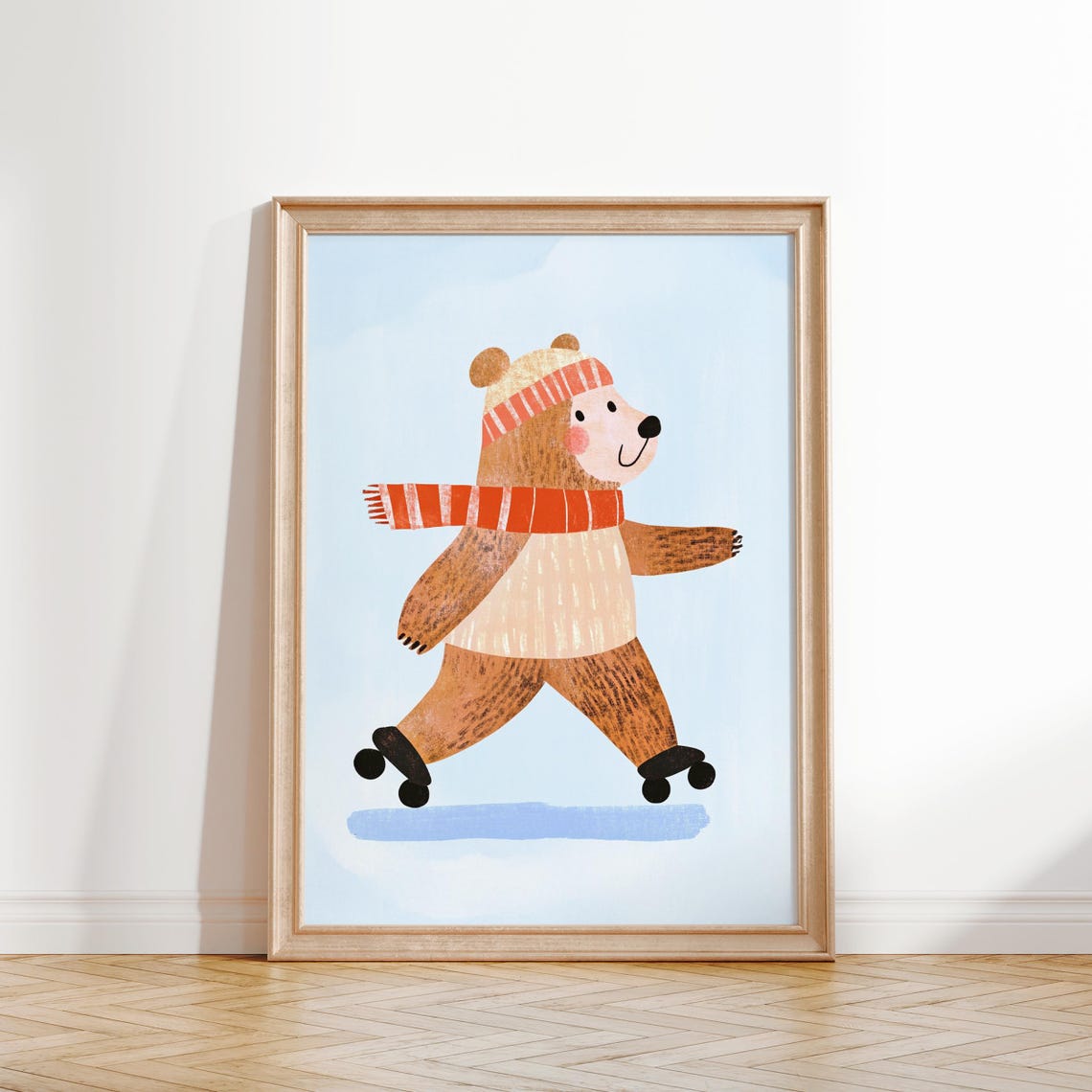 Winter Bear Ice Skating in Knit Hat and Scarf Kids Room Poster - Image 2