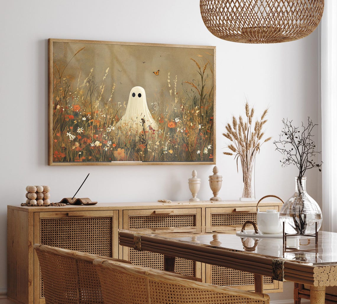 Ghost in Wildflower Field Art Poster Whimsical Vintage Halloween - Image 2