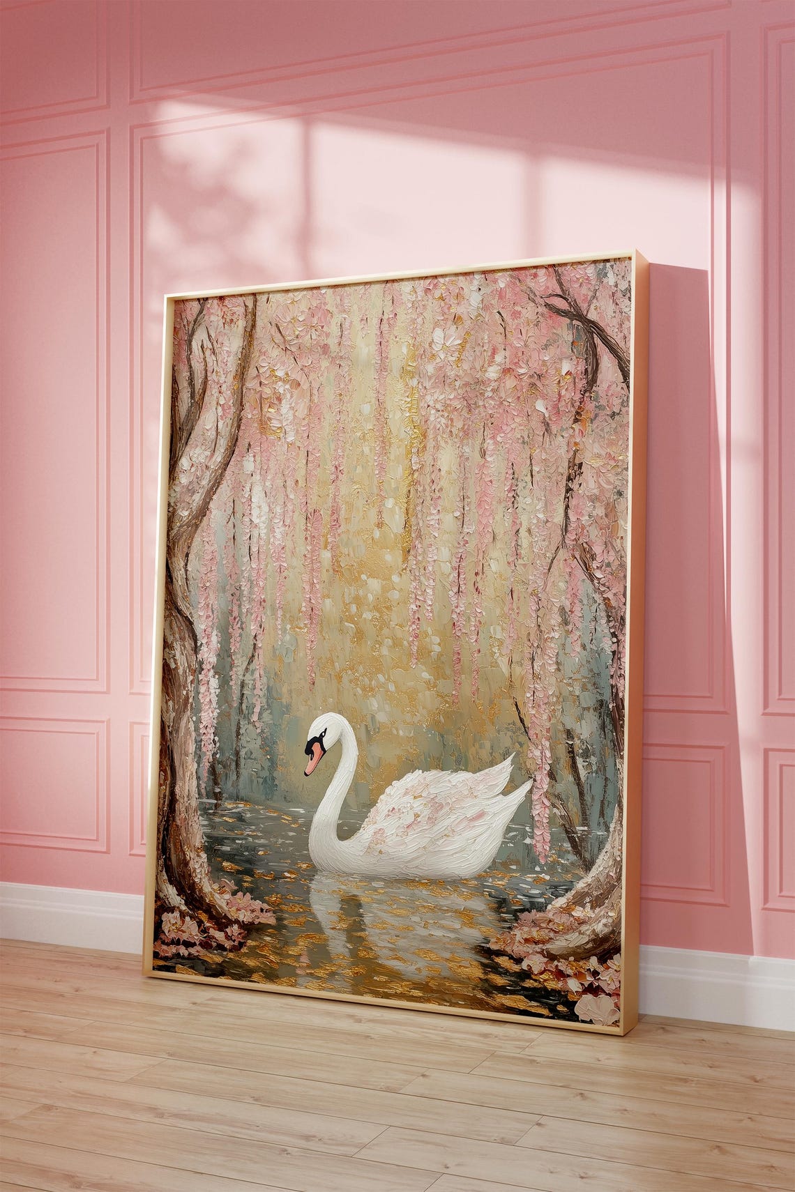 White Swan Blossom Pond Impasto Pink Nursery Elegant Art Poster - Image 2