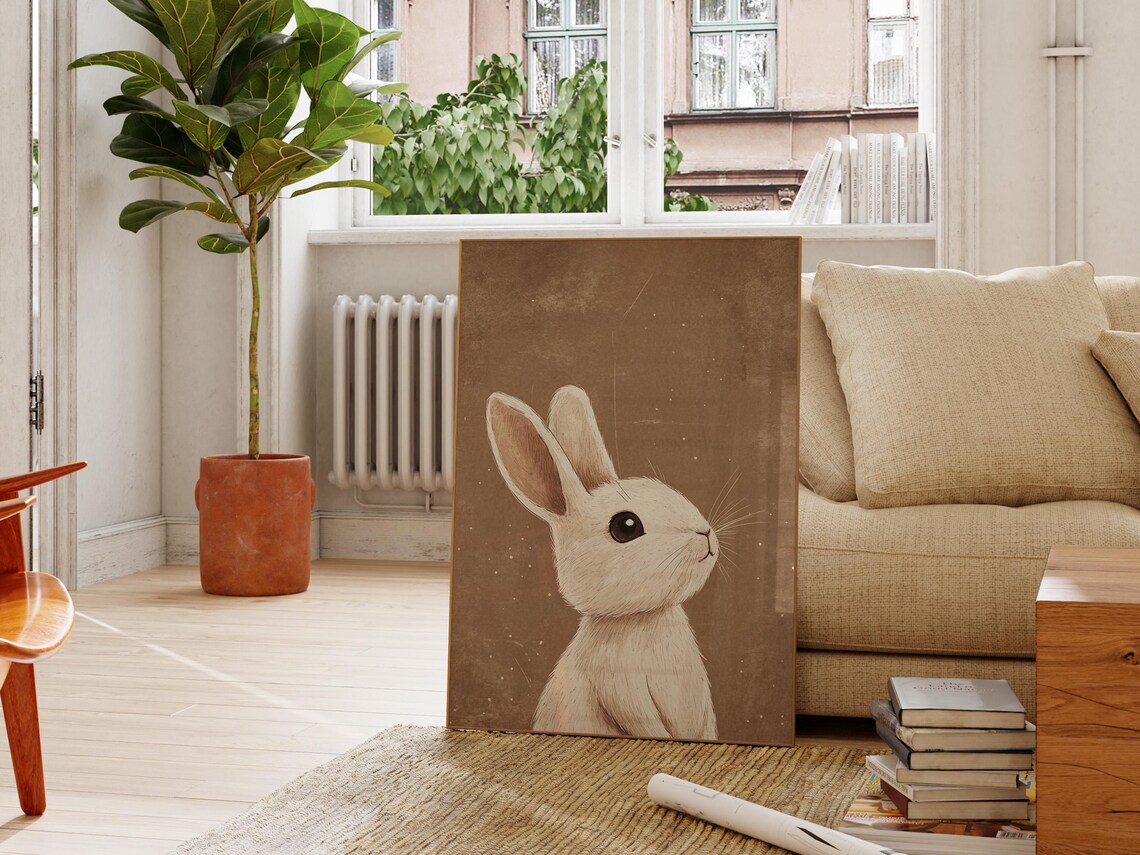 White Bunny Vintage Brown Background Kids Room Print Nursery Rabbit Art - Image 2