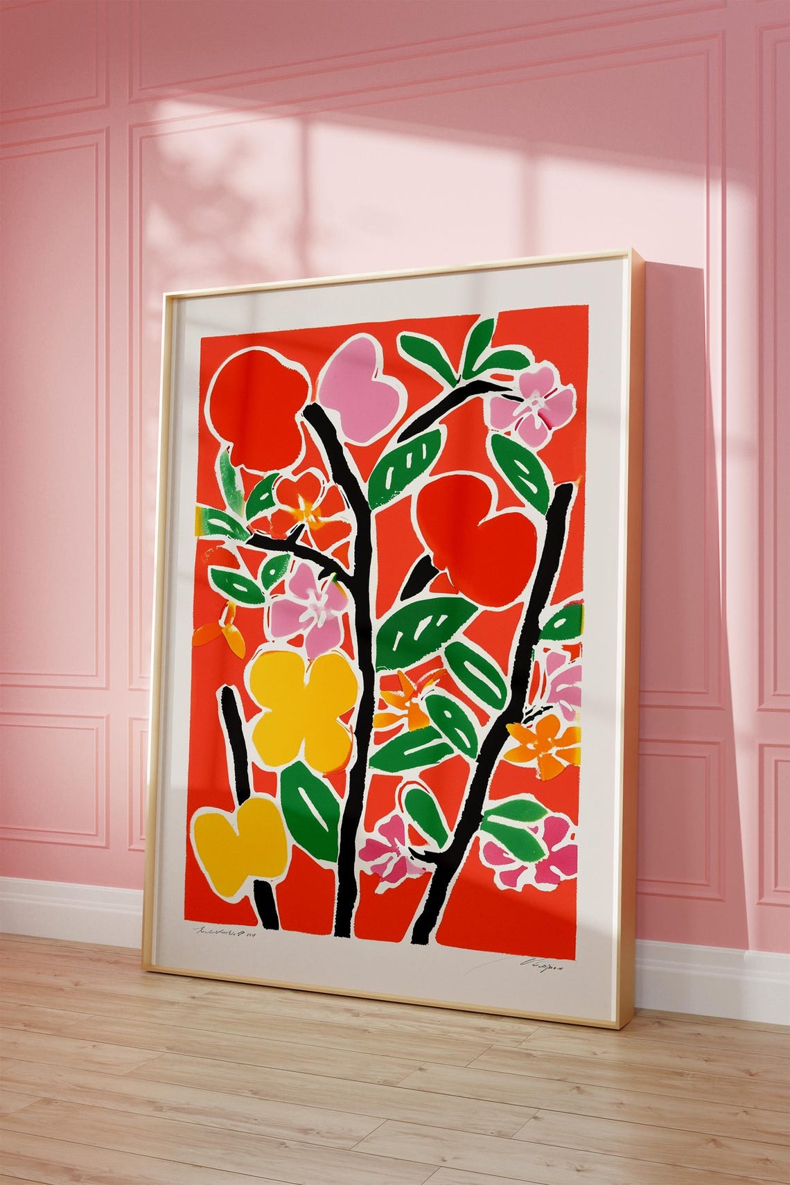 Bold Red Floral Art Poster with Pink Yellow and Orange Blossoms - Image 2