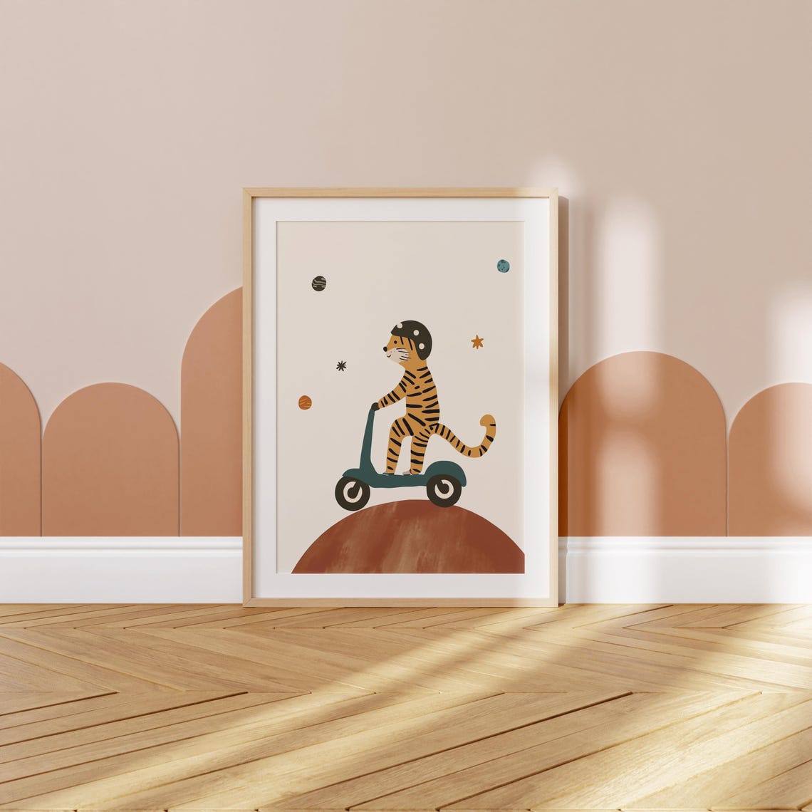 Tiger Astronaut Riding Scooter On Planet Space Kids Nursery Poster - Image 2