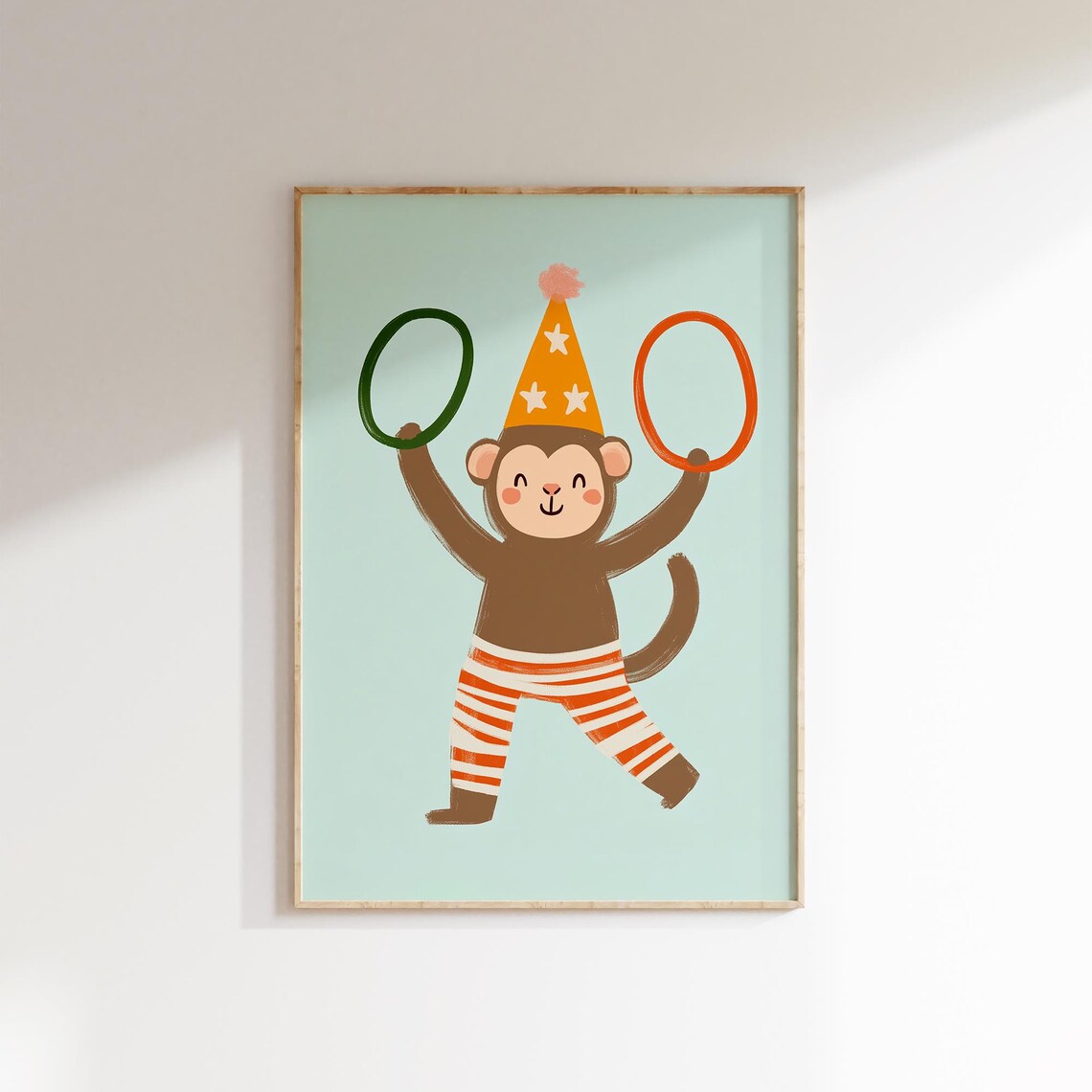 Party Monkey Orange Party Hat Striped Pants Juggling Hoops Kids Wall Poster - Image 2