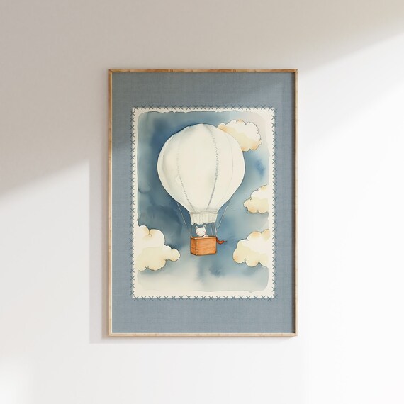 Watercolor Hot Air Balloon Nursery Bunny Clouds Adventure Poster