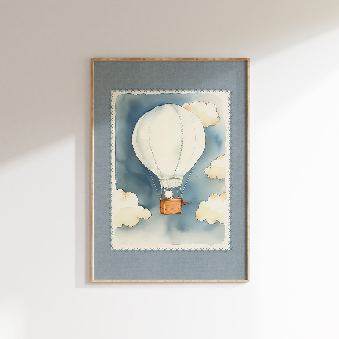 Watercolor Hot Air Balloon Nursery Bunny Clouds Adventure Poster
