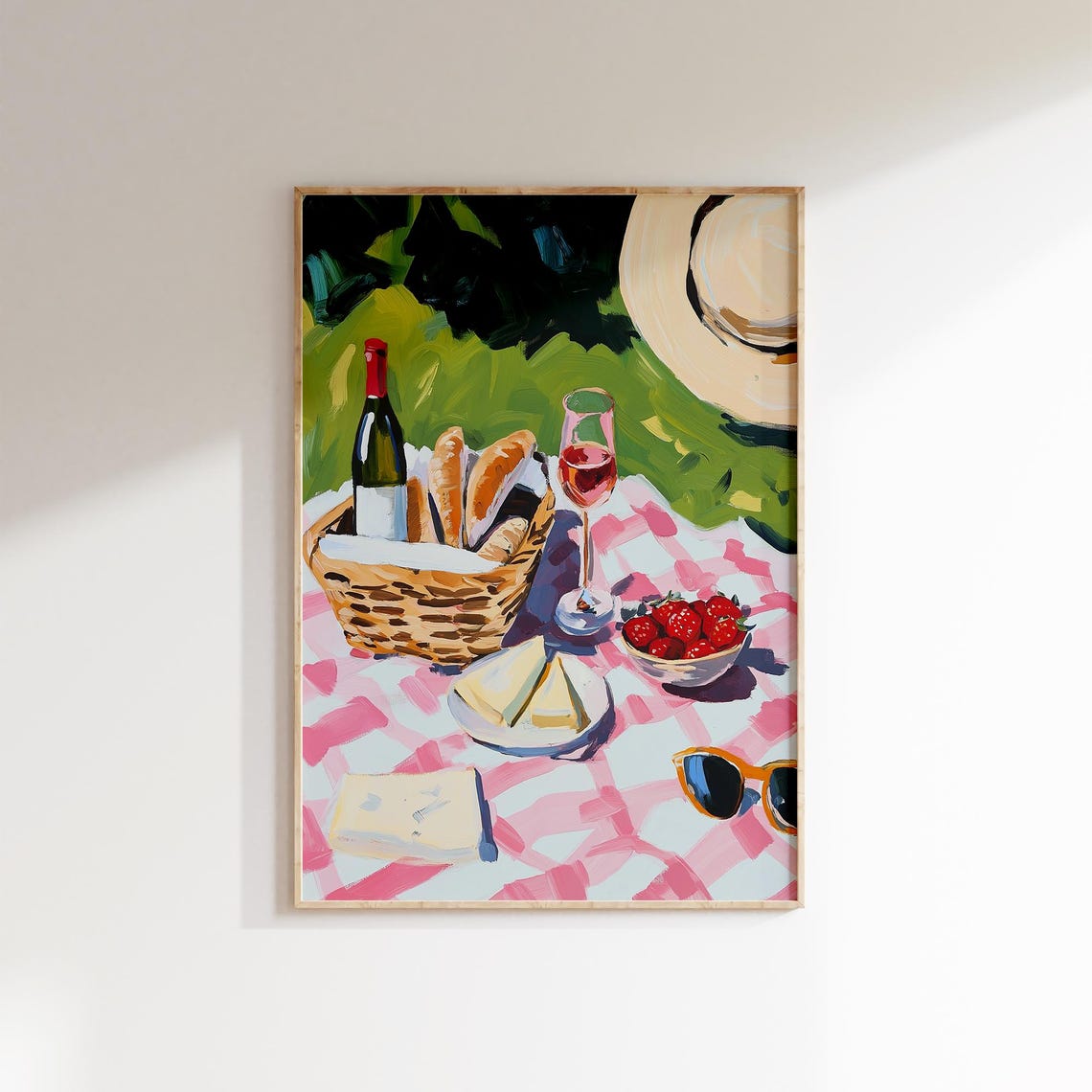 French Picnic Basket Wine Bread Cheese Strawberries Gingham Art Poster
