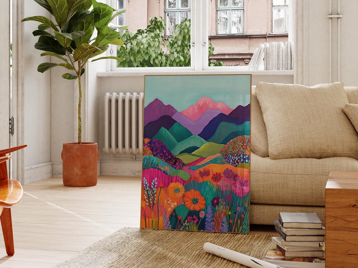 Colorful Mountain Landscape Wildflower Field Maximalist Art Poster
