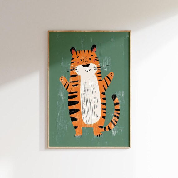 Cute Happy Tiger Waving Paws Green Background Kids Animal Poster