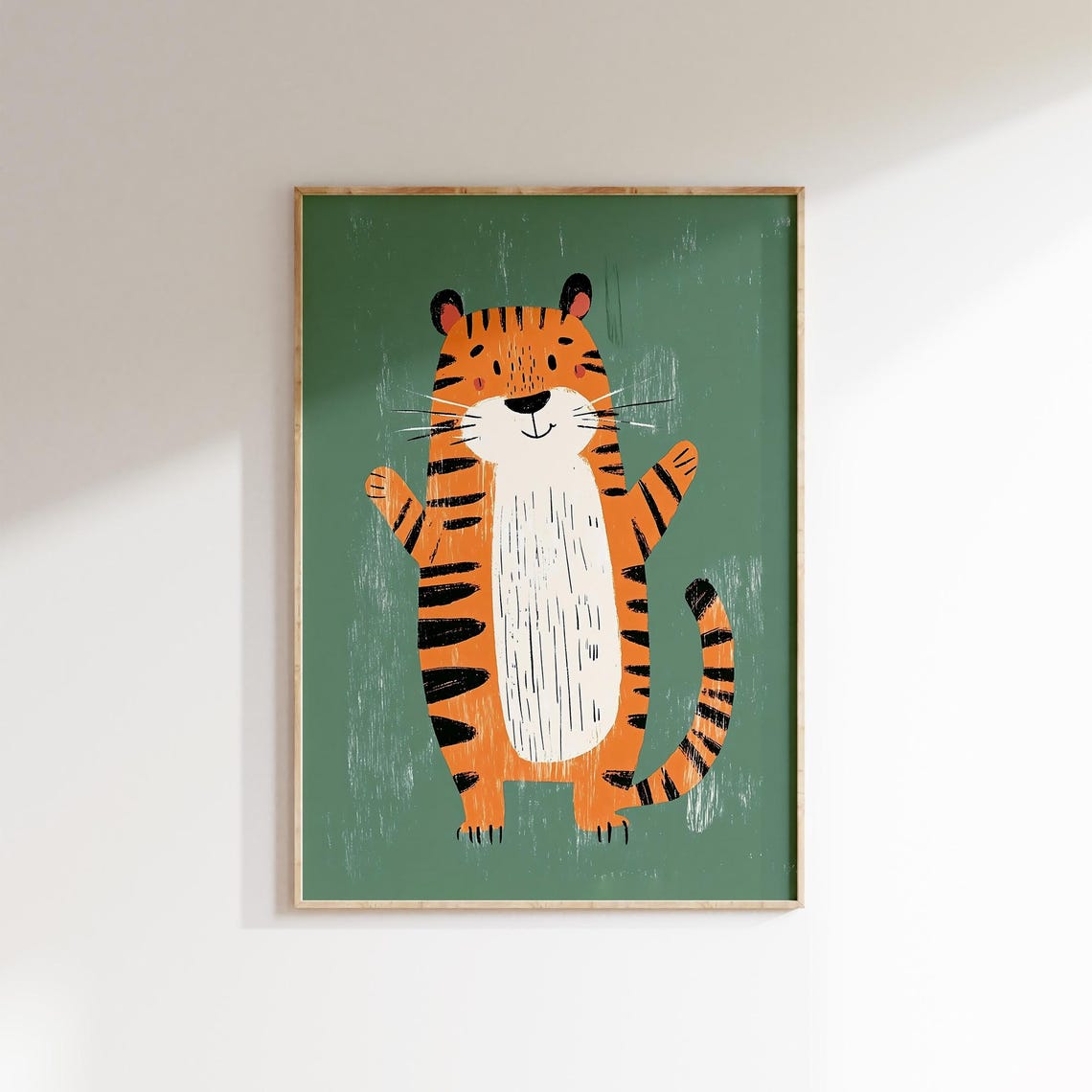 Cute Happy Tiger Waving Paws Green Background Kids Animal Poster