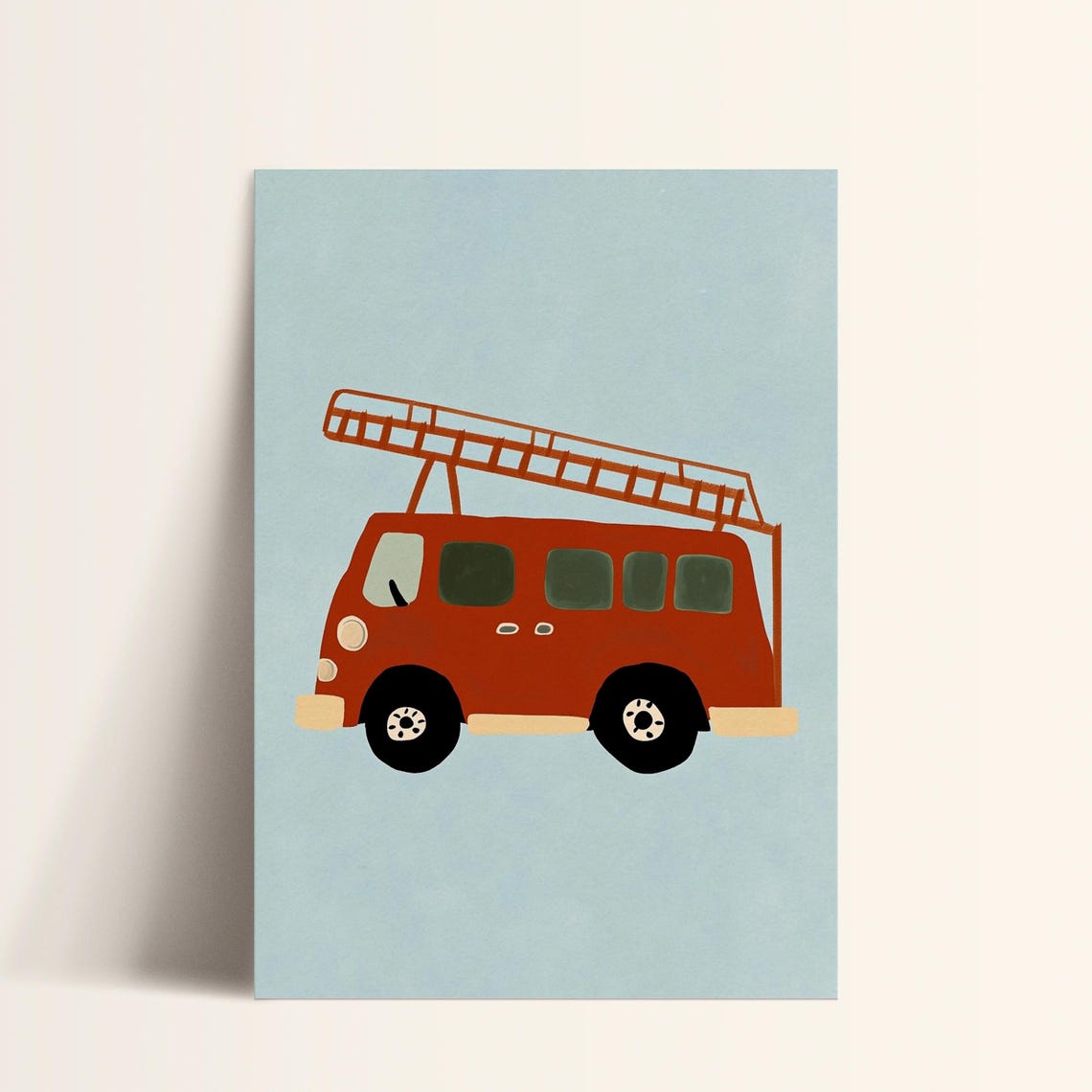 Red Fire Truck with Ladder Cute Kids Vehicle Nursery Art Poster - Image 5