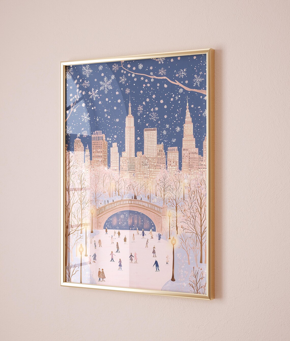 Central Park Night Ice Skating Bow Bridge Manhattan Snowy Skyline Poster - Image 2