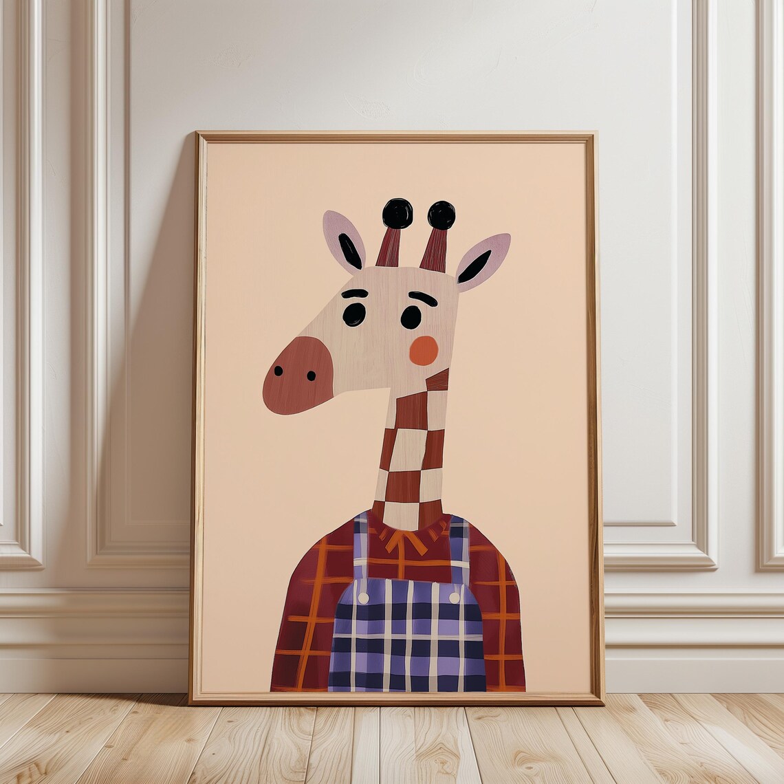 Cute Giraffe Blue Plaid Overalls Rust Shirt Safari Nursery Wall Art Print - Image 4