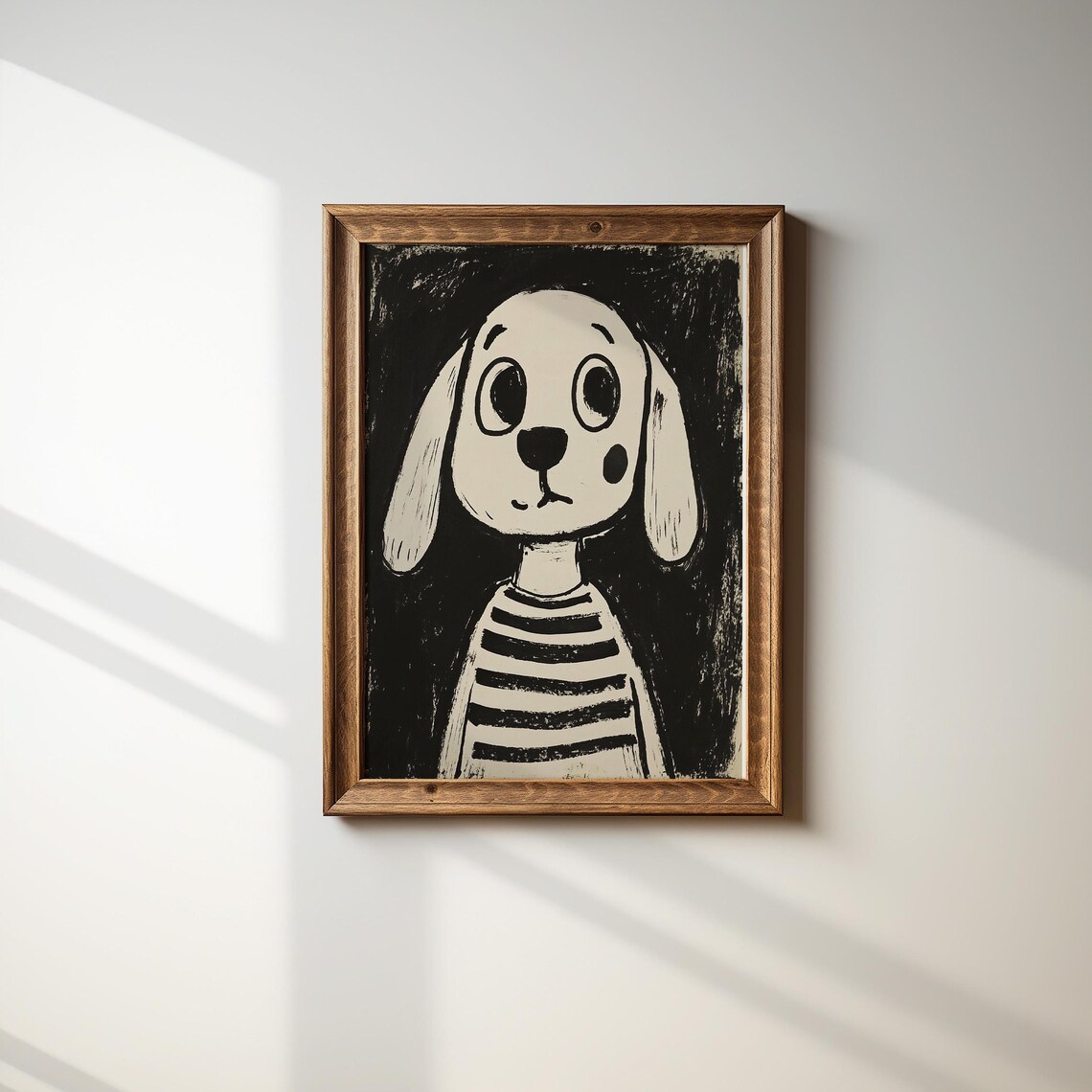 Hand Drawn Cartoon Dog Striped Shirt Black Cream Kids Room Art Poster