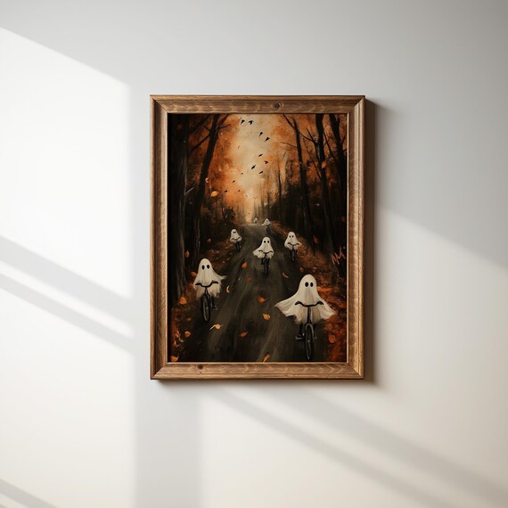 Ghost Biking Autumn Road Sunset Vintage Halloween Fall Decor Poster
