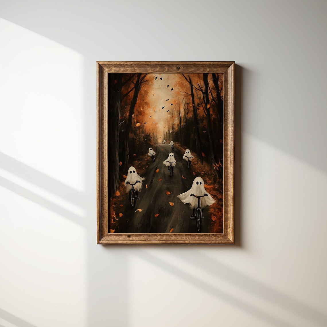 Ghost Biking Autumn Road Sunset Vintage Halloween Fall Decor Poster