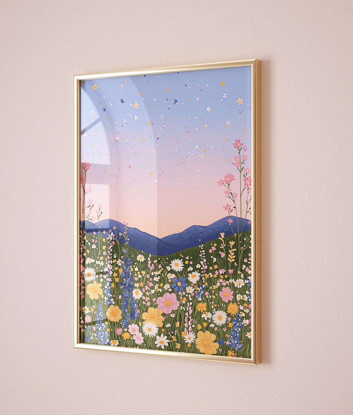 Vibrant Wildflower Field Mountain Sunset Starry Sky Botanical Meadow Poster - Image 2