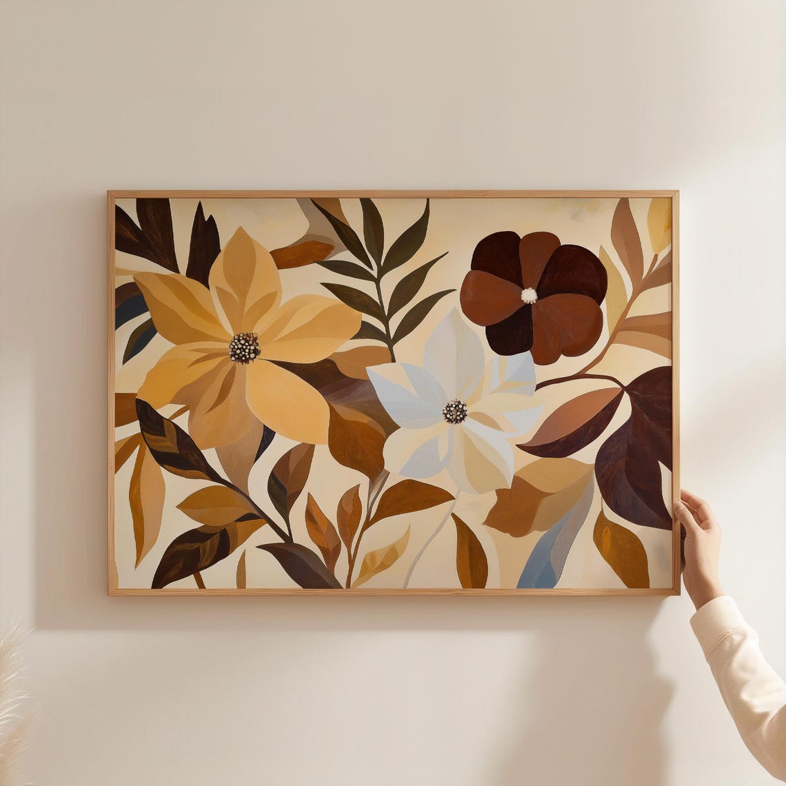 Earth Tone Abstract Floral Print Gold Brown Modern Botanical Wall Art