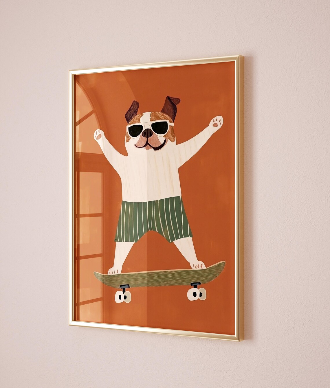 Bulldog Puppy Sunglasses Skateboard Burnt Orange Kids Poster - Image 2