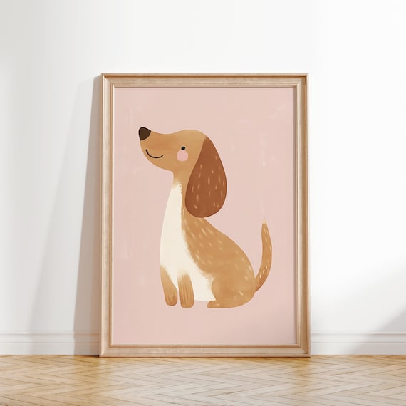 Smiling Dachshund Dog Pink Background Kids Room Nursery Wall Art